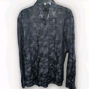 Bertigo Men Long Sleeve Shirt Size L Button Down Black‎ Gray Camo Stars Teacher
